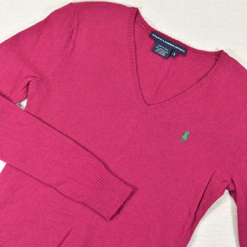 Ralph Lauren Sport Merino Wool Cashmere Blend Sweater Womens Small S Pink V-Neck